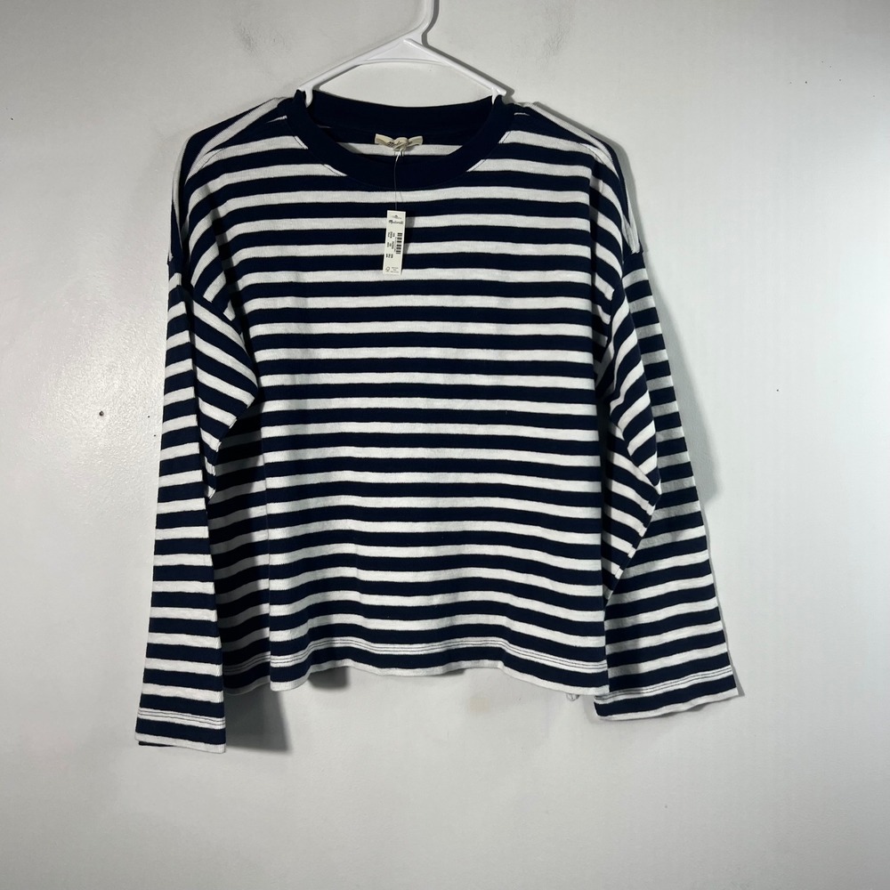 Madewell Long‎ Sleeve East Tee Textured Striped Navy White XXS NWT Style NU842